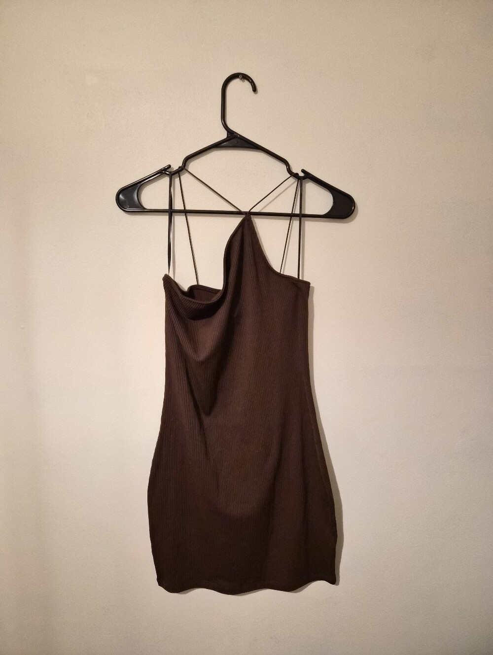 Brown Ribbed Slip Dress with Cowl Neck